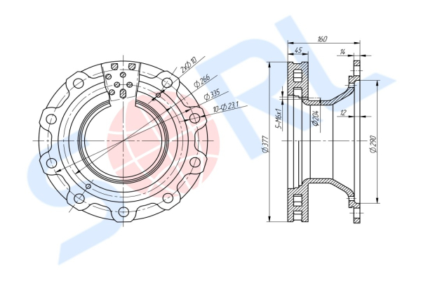 Диск тормозной 377/290x45/160 10n-335-23.1 BPW (0308834020)